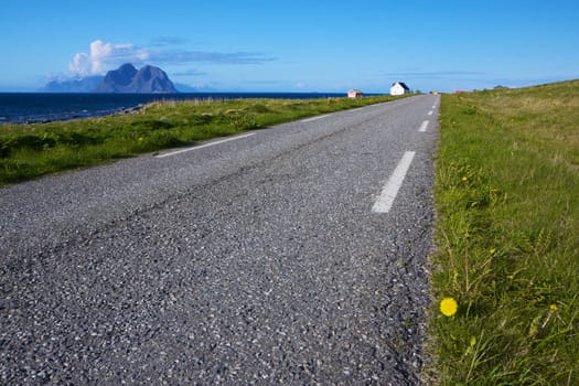 Scenic coastal road on Lofoten islands in Norway on sunny summer day