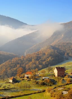 Serbian mountain village in the sunshine morning