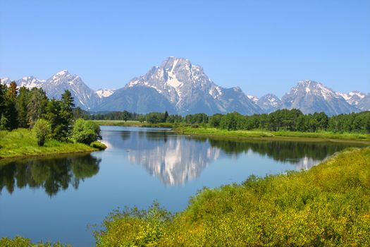 View of Grand Teton National Park over the Snake River in Wyoming.