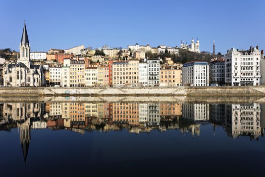 famous view of Lyon and Saone River in France 