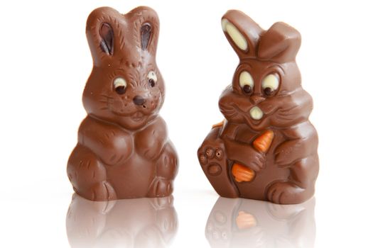 Chocolate Easter Bunny reflection on white background