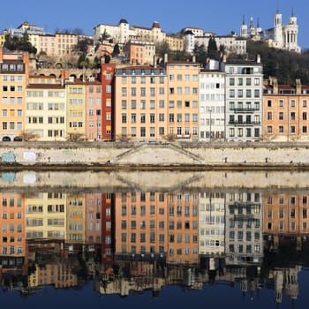 view of Lyon and Saone River in the morning