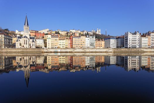 famous view of Lyon and Saone River in France 