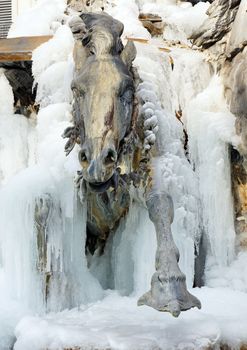 Sculpted horse coming out of ice, detail of the frozen Bartholdi fountain at the place des terreaux, Lyon, France.