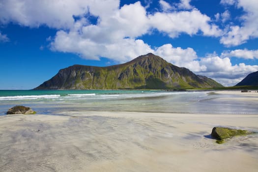 Scenic sandy beach on Lofoten islands in Norway