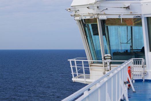 Captain bridge on freight ferry sailing on open sea