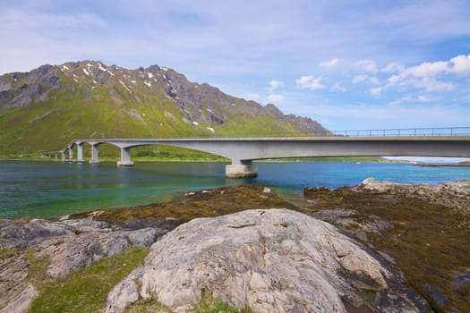Long concrete bridge connecting Lofoten islands in Norway