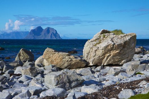 Rocks on the coast of scenic island of Vaeroy, Lofoten, Norway