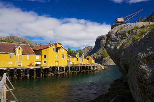 Traditional old fish factory in village of Nusfjord on Lofoten islands, Norway
