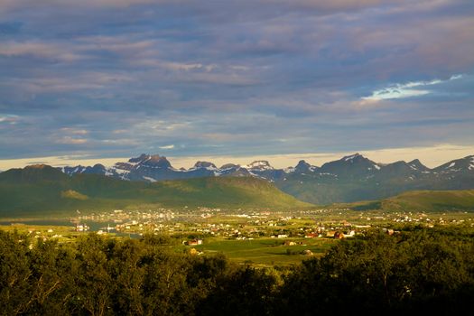 Scenic panorama of Lofoten islands in Norway during summer lit by midnight sun