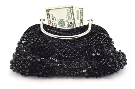 Dollars and woman bag on a white background