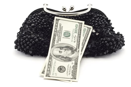 Dollars and woman bag on a white background