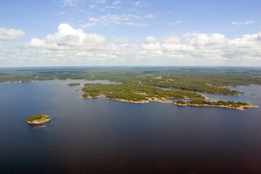 bird's-eye view on lake and islands