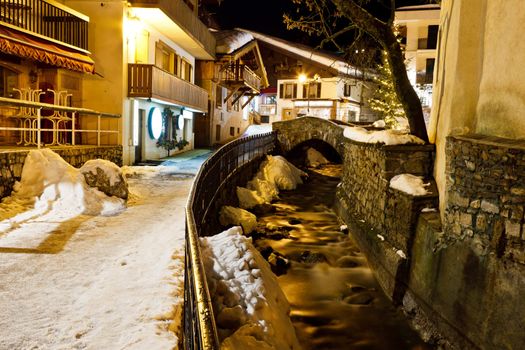 Illuminated Central Square of Megeve in French Alps