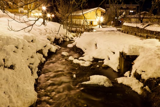 Mountain River in Megeve at Night, France