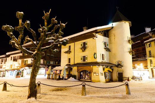 Illuminated Central Square of Megeve in French Alps