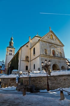 Medieval Church on the Central Square of Megeve, French Alps