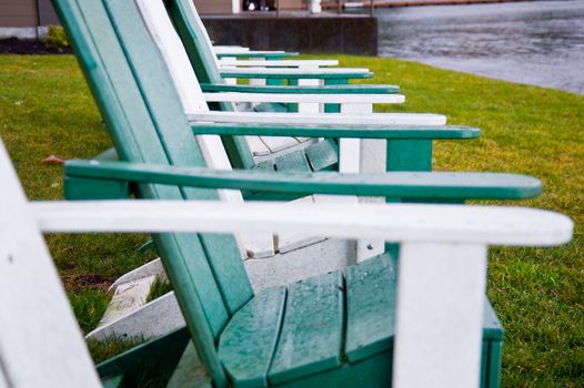 Row of chairs on lawn near Hood Canal