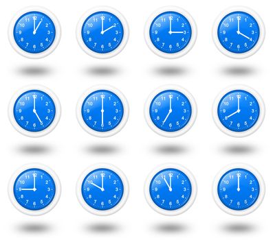 12 hours analogic blue clocks set for world time zone