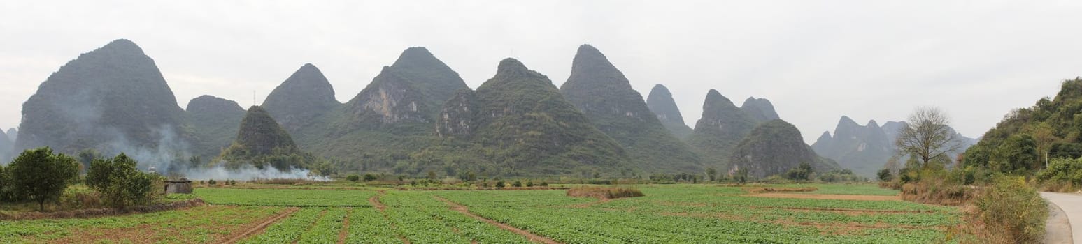 Panoramic photo of the Chinese countryside, Yangshuo, south of China