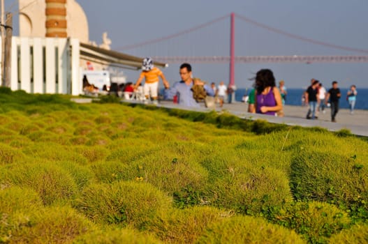 People going for a walk in front of a river