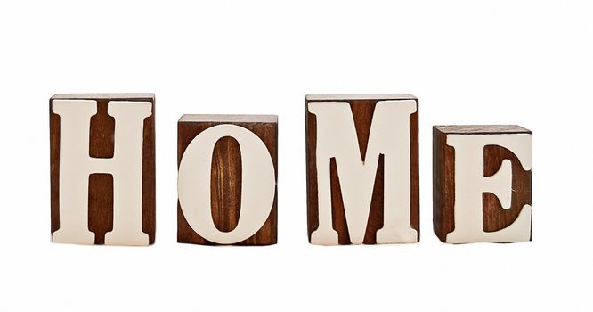 isolated over white, rough wooden blocks spelling the word home (intentionally grungy)