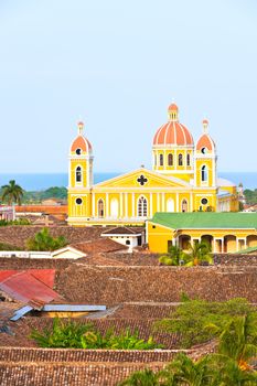 Granada cathedral and lake Nicaragua on the background, Nicaragua.