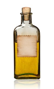 Old fashioned drug bottle with label, isolated, clipping path. 