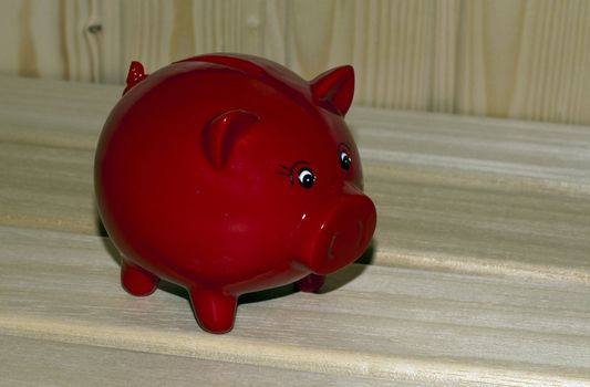 red money pig on wooden background