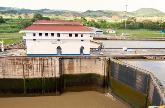 View of the Panama cana, Miraflores locks, in the Pacific side.