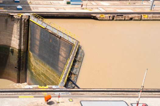 View of the Miraflores Locks in the Panama Canal, on the Pacific side.