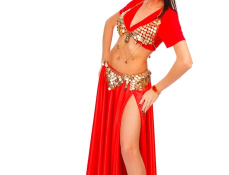 Cropped image of a belly dancer in red dress, isolated on a white background