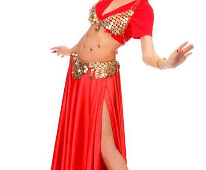 Belly dancer in red dress, isolated on a white background