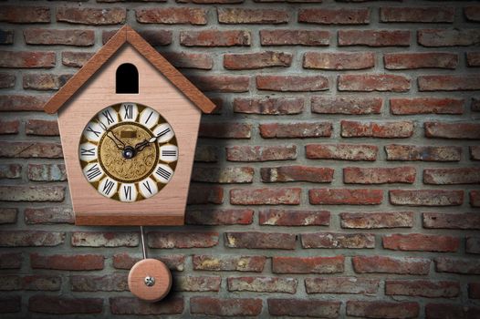 Cockoo clock on brick wall with copy space.
