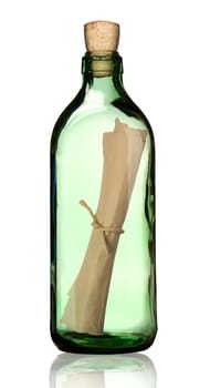 Bottle with message isolated, white background, clipping path. 