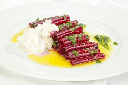 Vegetarian Beatroot Carpaccio w goat cheese and Pesto