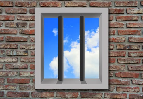 Prison window with bars, brick wall, sky behind.