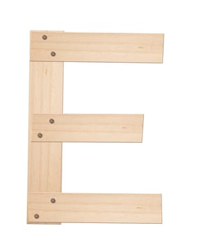 Letter E  made of wood, isolated, clipping path.