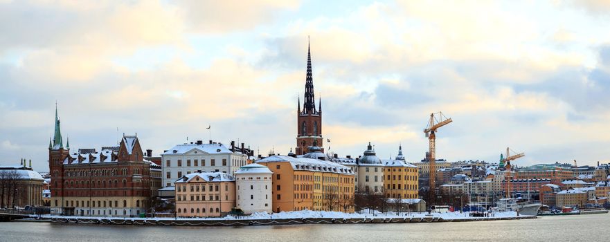 Panorama Cityscape of Gamla Stan Old Town Stockholm city Sweden at dusk