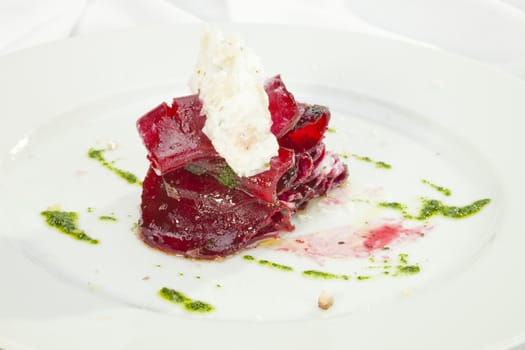 Vegetarian Beatroot Carpaccio w goat cheese and Pesto