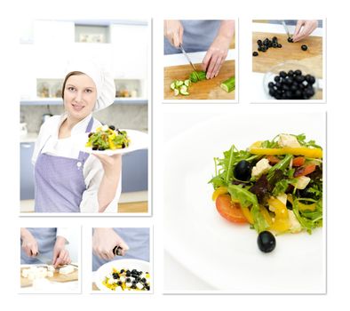 Preparation of a Greek salad collage. Made of six photos.
