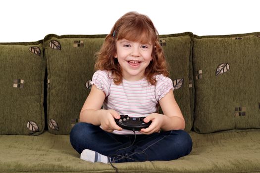 happy little girl play video game