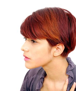 feminine african american teen hair model posing face in profile.