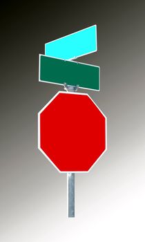 red stop and green street signs. blank for own text. gradient grey background