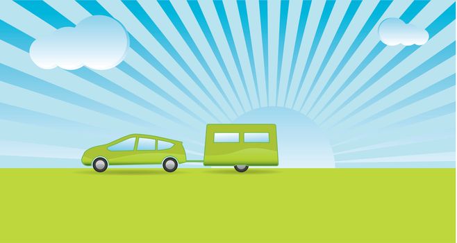 Simplistic style car and caravan with a green theme heading on vacation