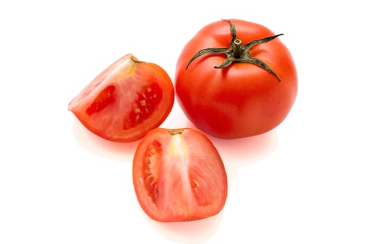 Red tomatoes isolated on white background. Studio light.