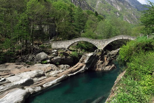 Pedestrian walkway in Lavertezzo, Verzasca Valley.  Italian part of southern Switzerland.
