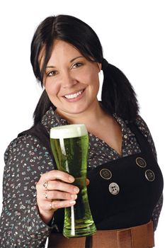 Pretty female with pigtails serving you a pint of green beer on St. Patricks Day.
