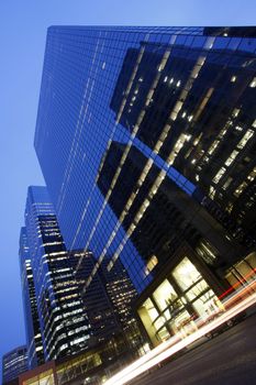 Glassed wall office buildings by night