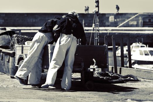 fishermen on lyme regis  hob hauling muscles into trailer